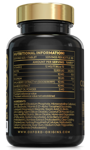 Biotin Hair Growth Supplement 12,000mcg | Superfood Boosted Complex w/ Coconut, Zinc, Vitamin E, Gooseberry & Bamboo | 90 Tablets