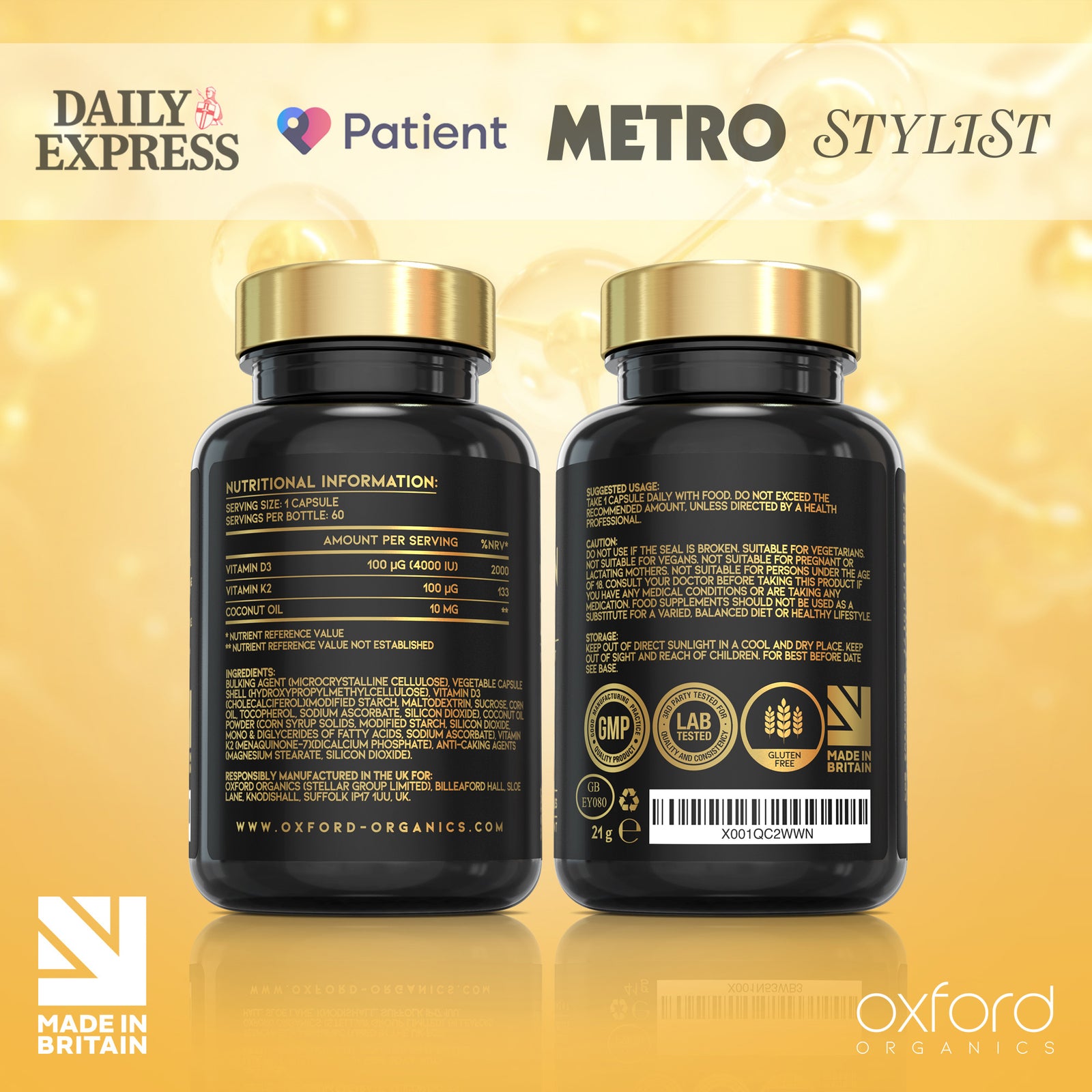 Vitamin D3 K2 Capsules - 4000 IU Vitamin D & 100mcg Vitamin K MK7 | 60 Capsules