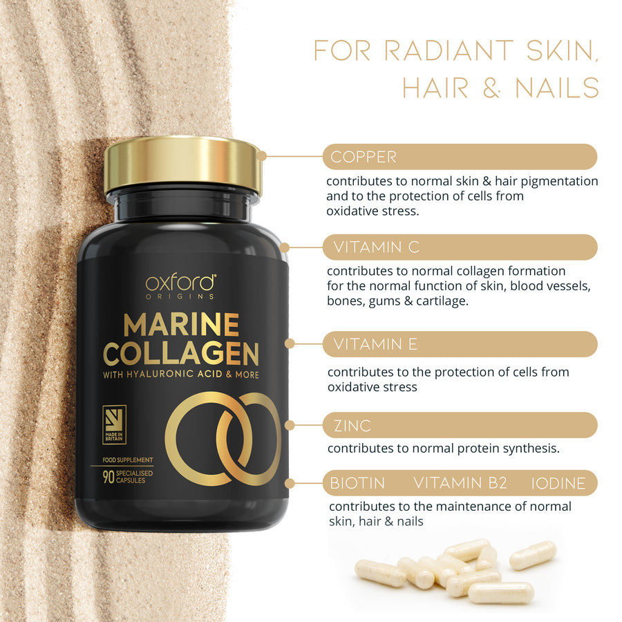 Advanced Marine Collagen Complex | 1735mg Superfood & Vitamin Boosted Capsules for Glowing Hair, Skin & Nails | 90 Capsules
