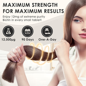 Biotin Hair Growth Supplement 12,000mcg | Superfood Boosted Complex w/ Coconut, Zinc, Vitamin E, Gooseberry & Bamboo | 90 Tablets