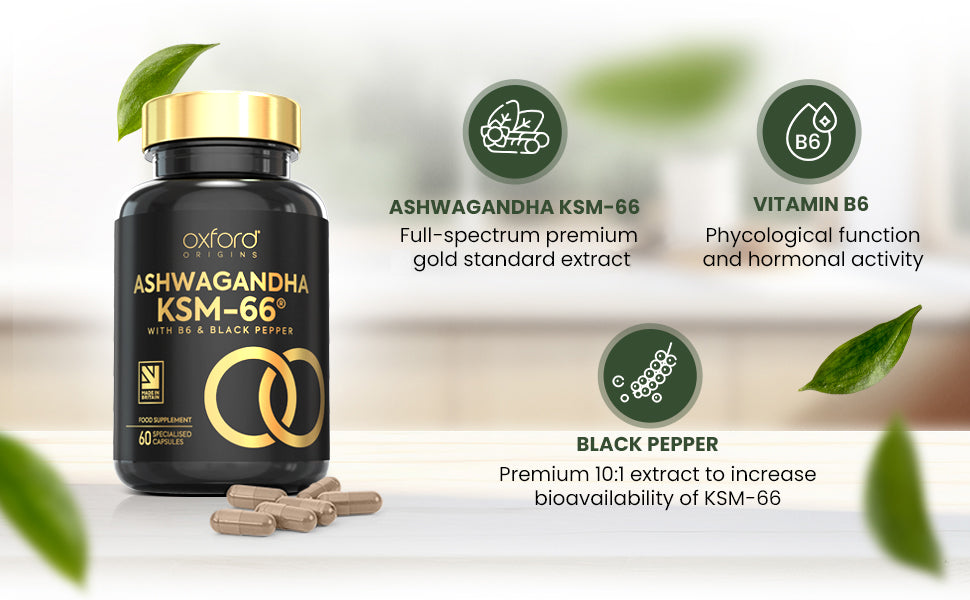 Ashwagandha KSM 66 | Premium One per Day Formulation | High Strength KSM 66 Boosted with Vitamin B6 & Black Pepper | 60 Capsules