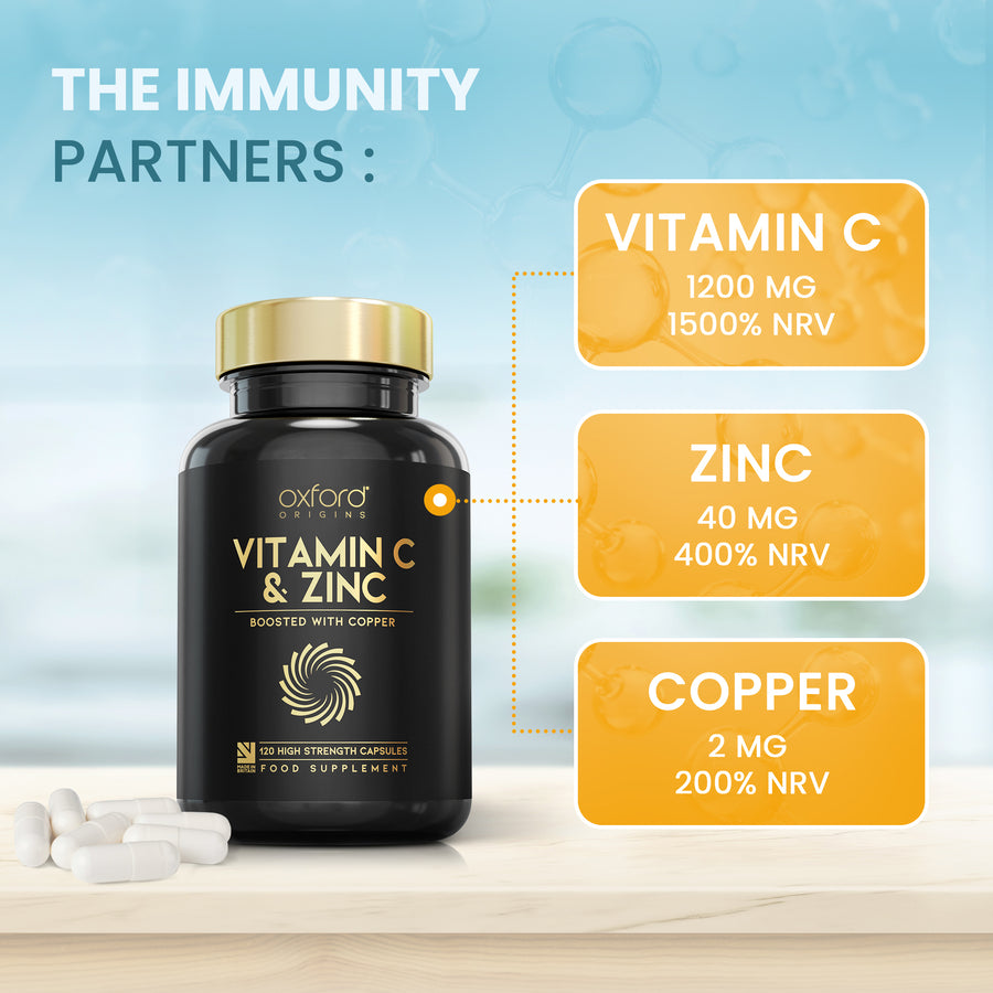 Vitamin C and Zinc Capsules - 1200mg Vitamin C Boosted with Zinc & Copper | 120 Capsules