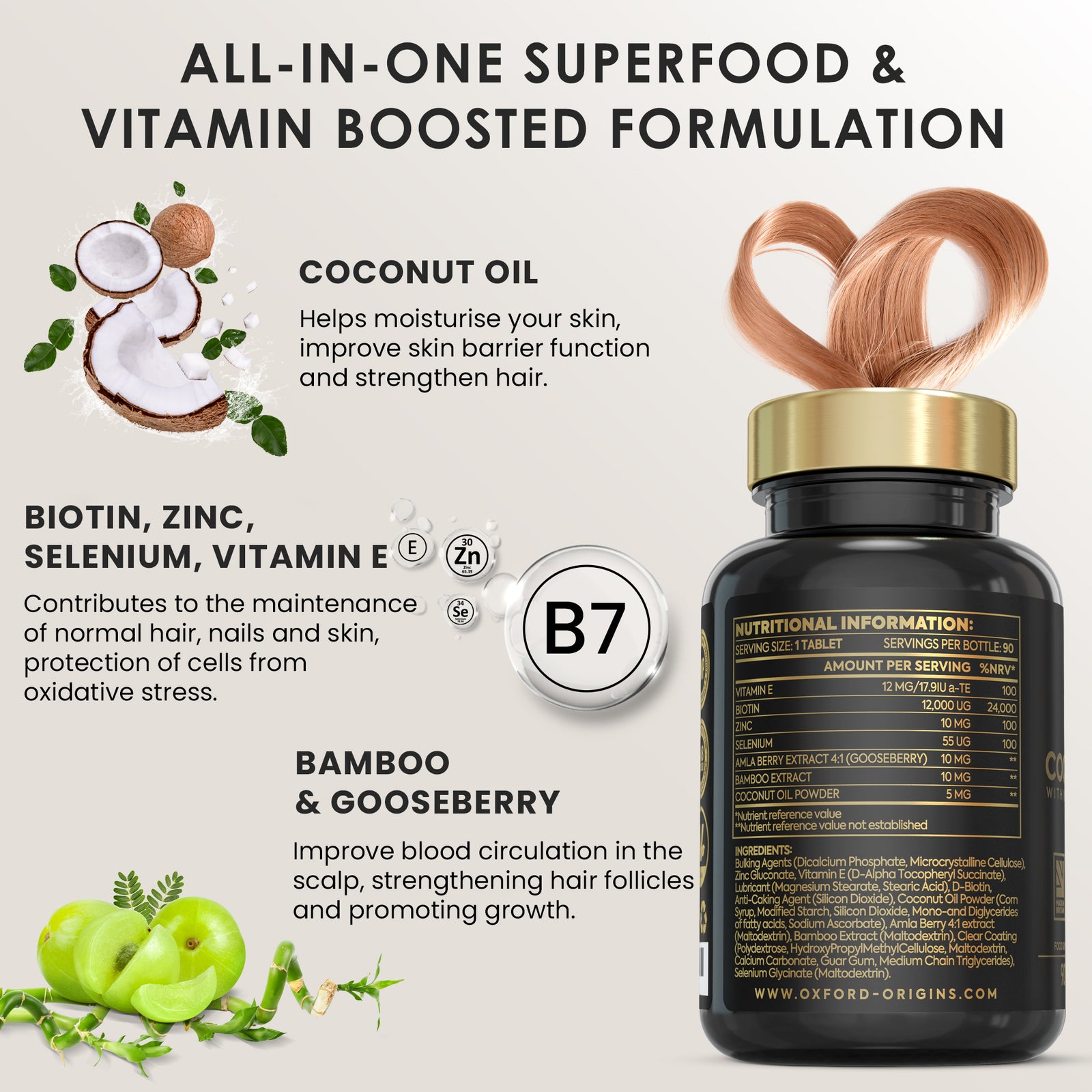Biotin Hair Growth Supplement 12,000mcg | Superfood Boosted Complex w/ Coconut, Zinc, Vitamin E, Gooseberry & Bamboo | 90 Tablets