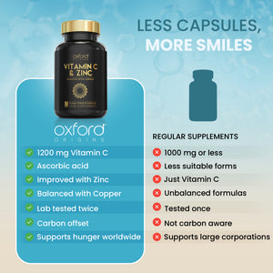 Vitamin C and Zinc Capsules - 1200mg Vitamin C Boosted with Zinc & Copper | 120 Capsules