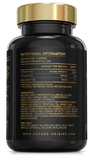 Vitamin D3 K2 Capsules - 4000 IU Vitamin D & 100mcg Vitamin K MK7 | 240 Capsules