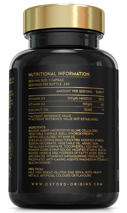 Vitamin D3 K2 Capsules - 4000 IU Vitamin D & 100mcg Vitamin K MK7 | 240 Capsules